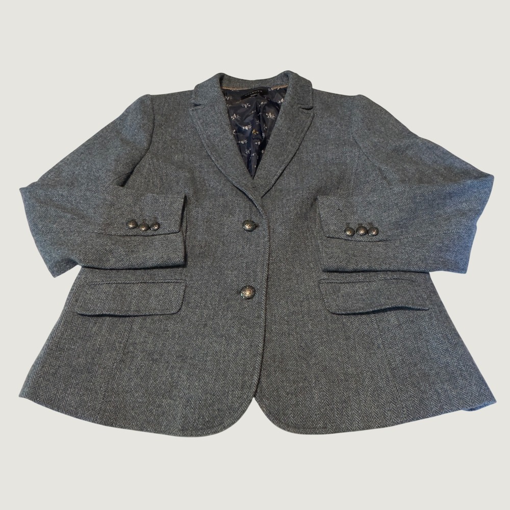 Talbots Deep Blue Herringbone Wool Blend Blazer Equestrian Lining Size 16